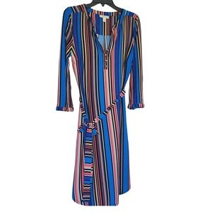 Dana Buchman Women's Vtg Multicolor Striped 3/4 Sleeve Stretch Belt Dress Medium